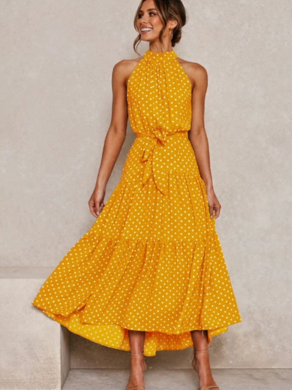 La Parisienne Yellow Dress with White Polkadots Size M